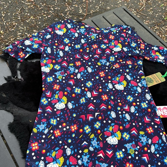 LuLaRoe Floral Blue SS Midi Dress Geometric Designs Triangles Circles Flowers XL - Picture 1 of 12